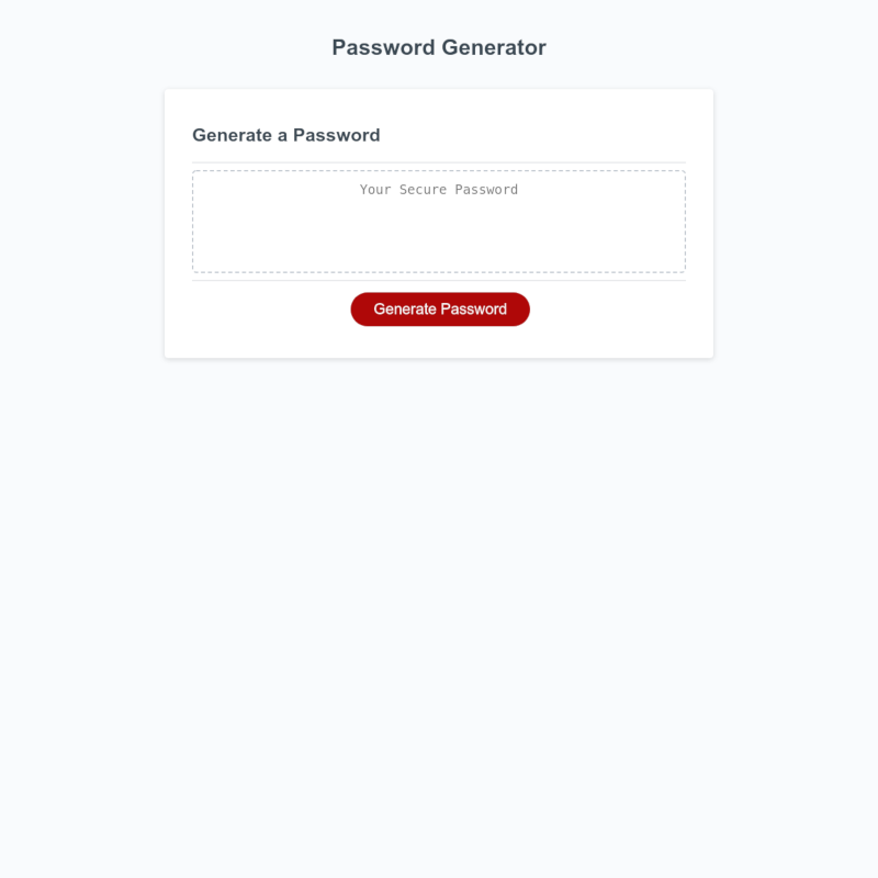 Password Generator website screen capture programmed using HTML, CSS, JavaScript