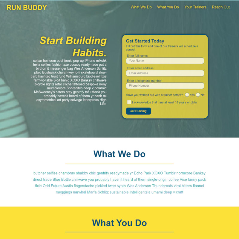 Run Buddy website screen capture programmed using HTML and CSS