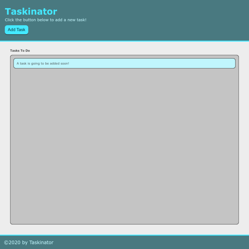 Taskinator website screen capture programmed using HTML, CSS, and JavaScript